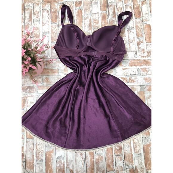 Vintage Ambrielle Plum Satin Babydoll Lingerie Trim Lace SZ Large Lightly Padded - Picture 6 of 9